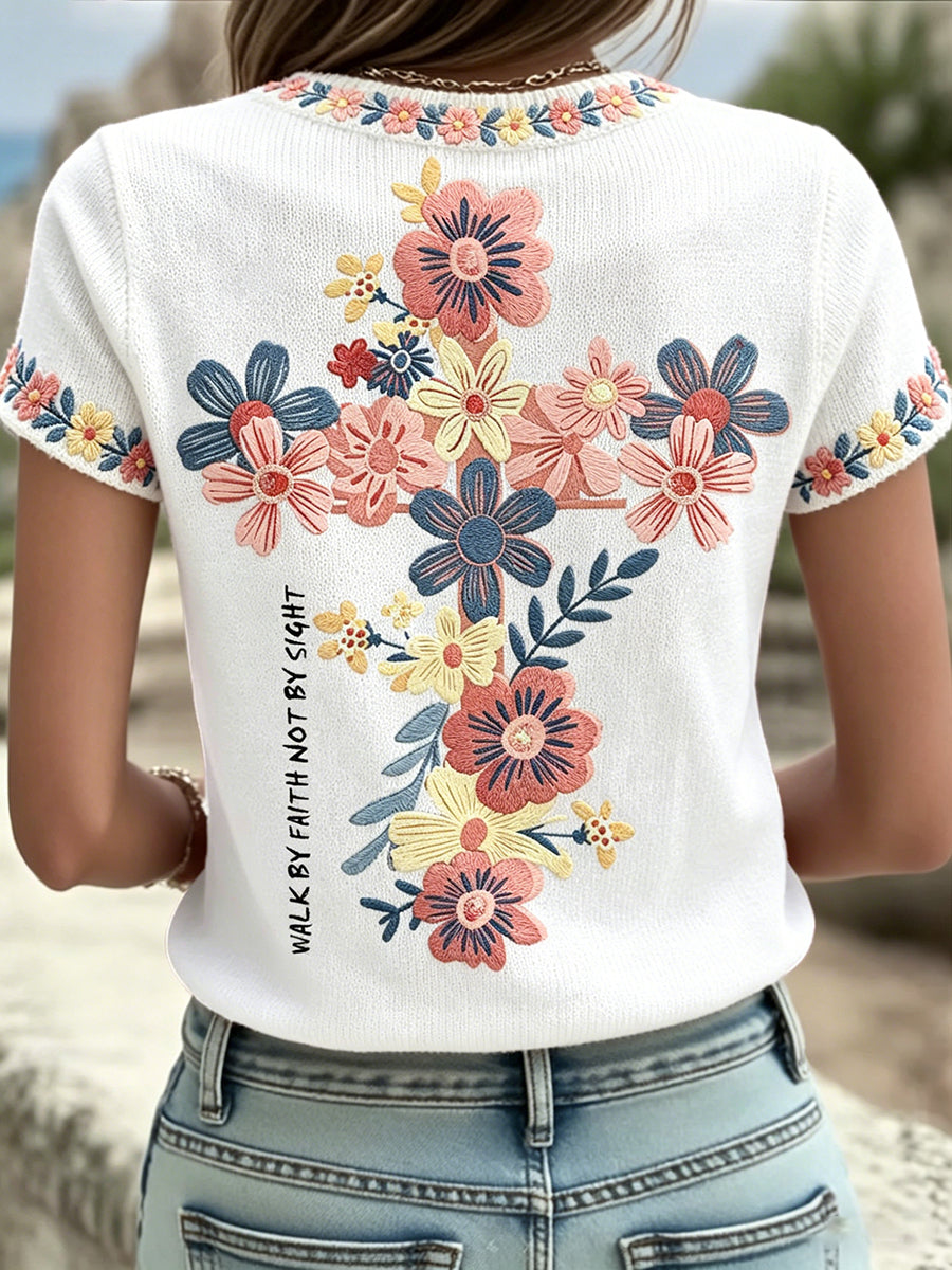 Women's Floral Faith Jesus Lover Printed T-Shirt