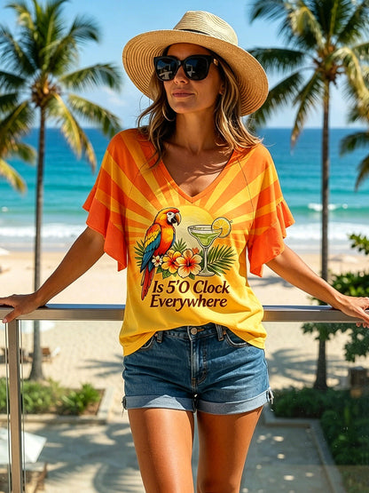 “It's 5 O'Clock Everywhere” Hawaii Sunset Art V-Neck T-Shirt