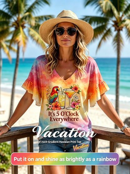 “It's 5 O'Clock Everywhere” Hawaiian Sunset Gradient Casual V-Neck T-Shirt