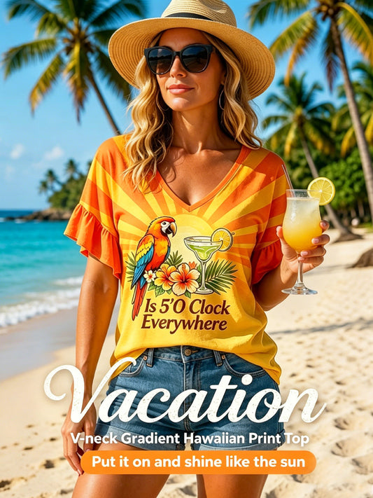 “It's 5 O'Clock Everywhere” Hawaii Sunset Art V-Neck T-Shirt
