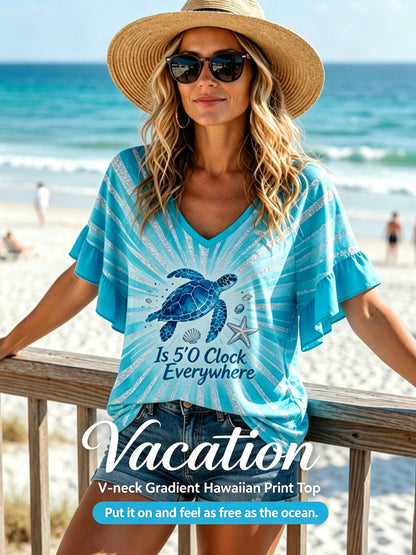 It's 5 O'Clock Everywhere Hawaiian Art Sea Turtle V-Neck T-Shirt