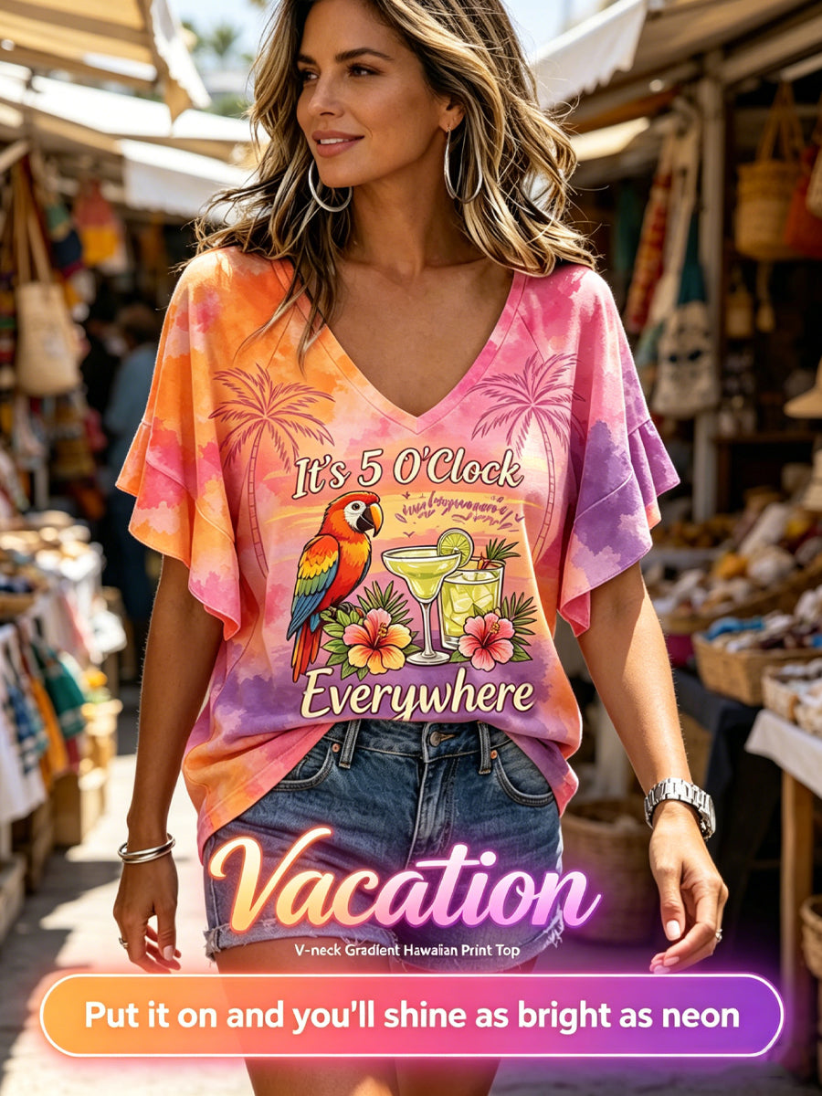 It's 5 O'Clock Everywhere Hawaii Vacation Sunset V-Neck T-Shirt