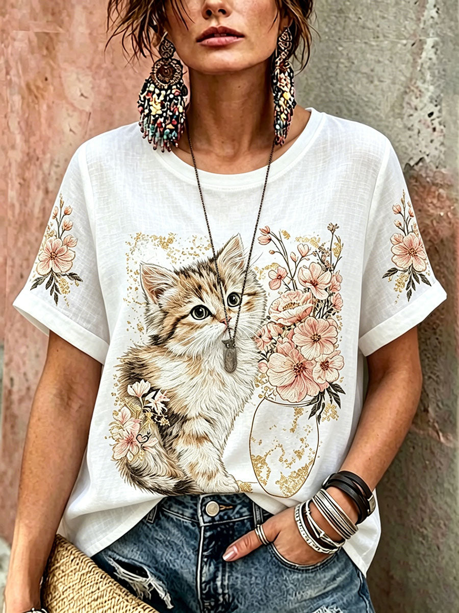 Women's Cute Cat With Floral Casual Linen Short Sleeve Shirt