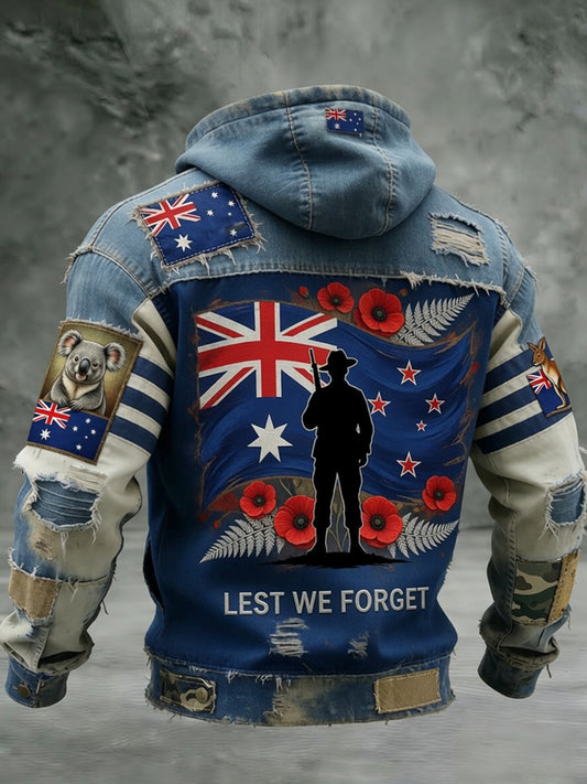 Retro Australian Print Commemorative Casual Hooded Jacket