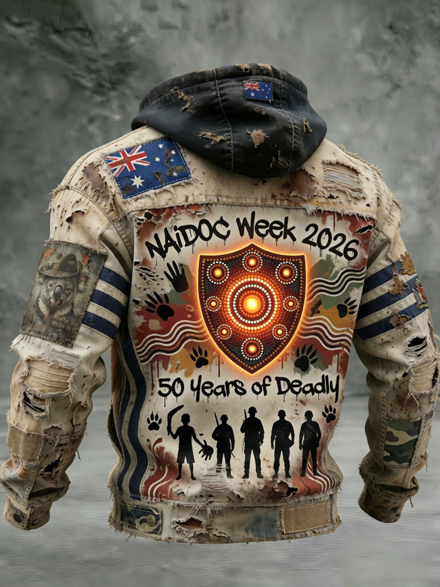 Retro Australian Print Commemorative Casual Hooded Jacket
