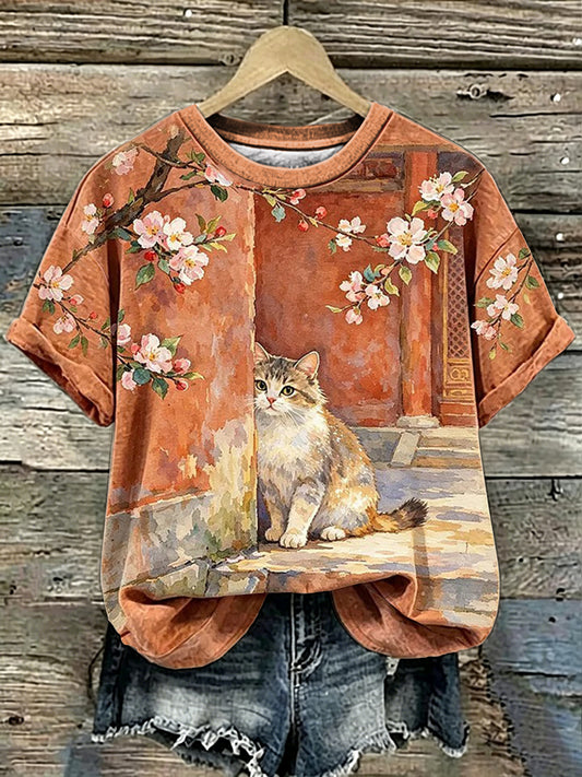 Women's Cat Art Print Short Sleeves T-shirt
