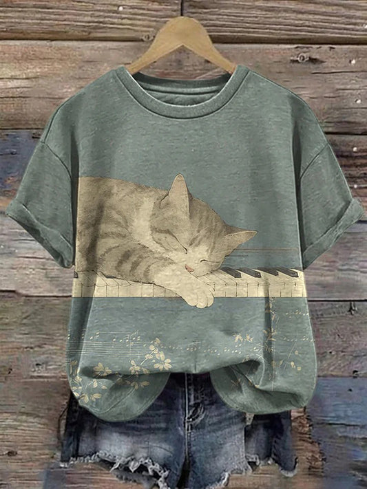 Women's Cat Art Print Short Sleeves T-shirt