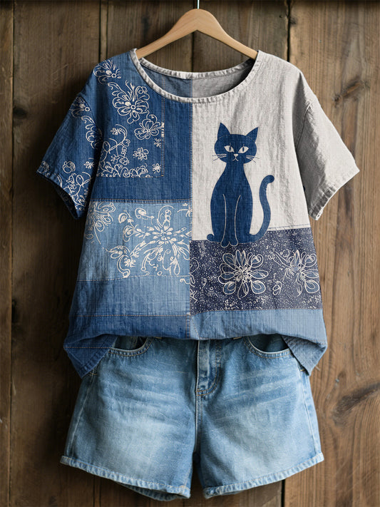 Women's Retro Floral Cats Print Casual Tee