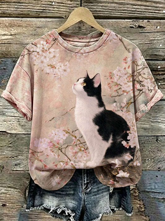 Women's Cat Art Print Short Sleeves T-shirt
