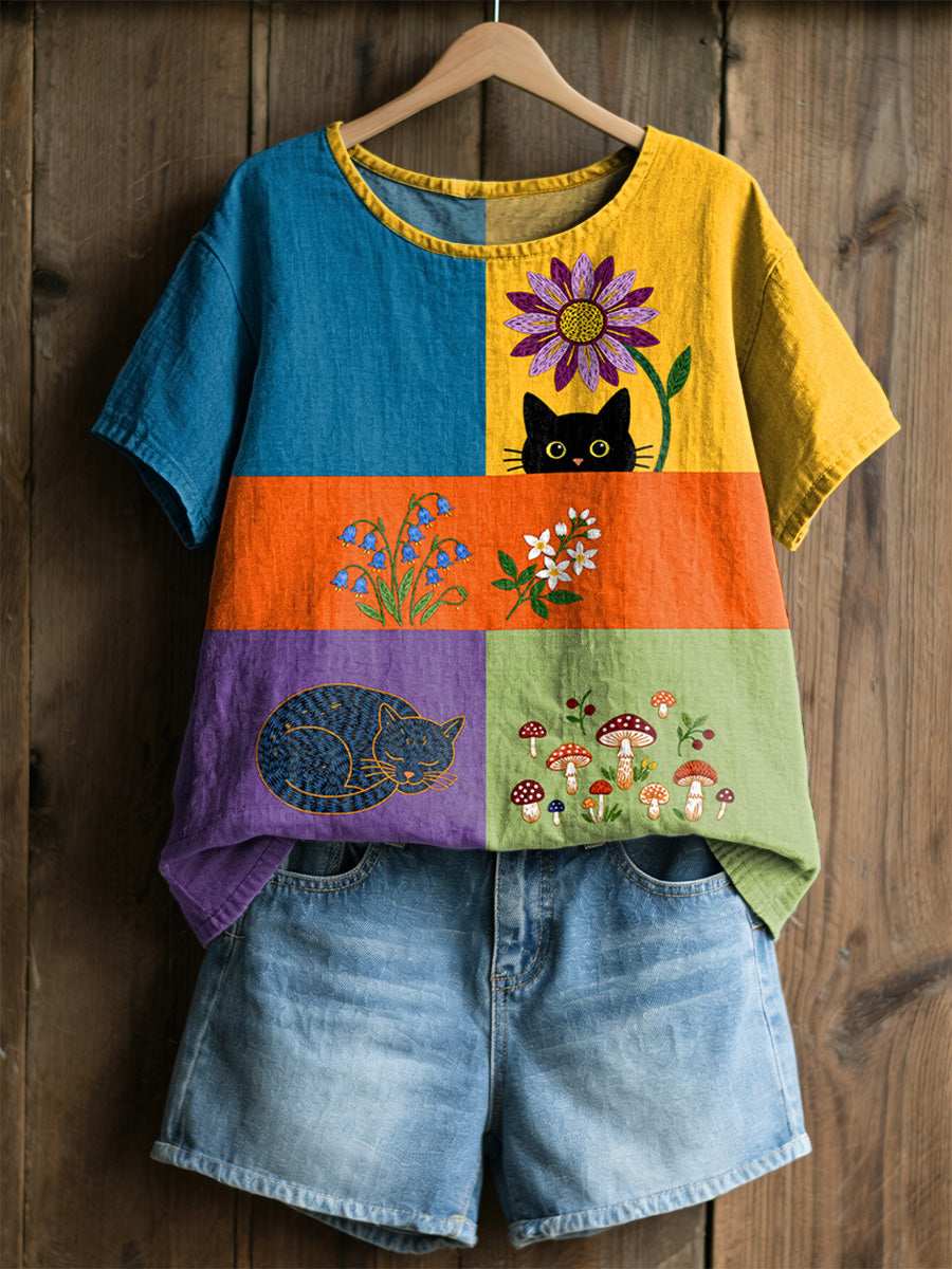 Women's Retro Floral Cats Print Casual Tee
