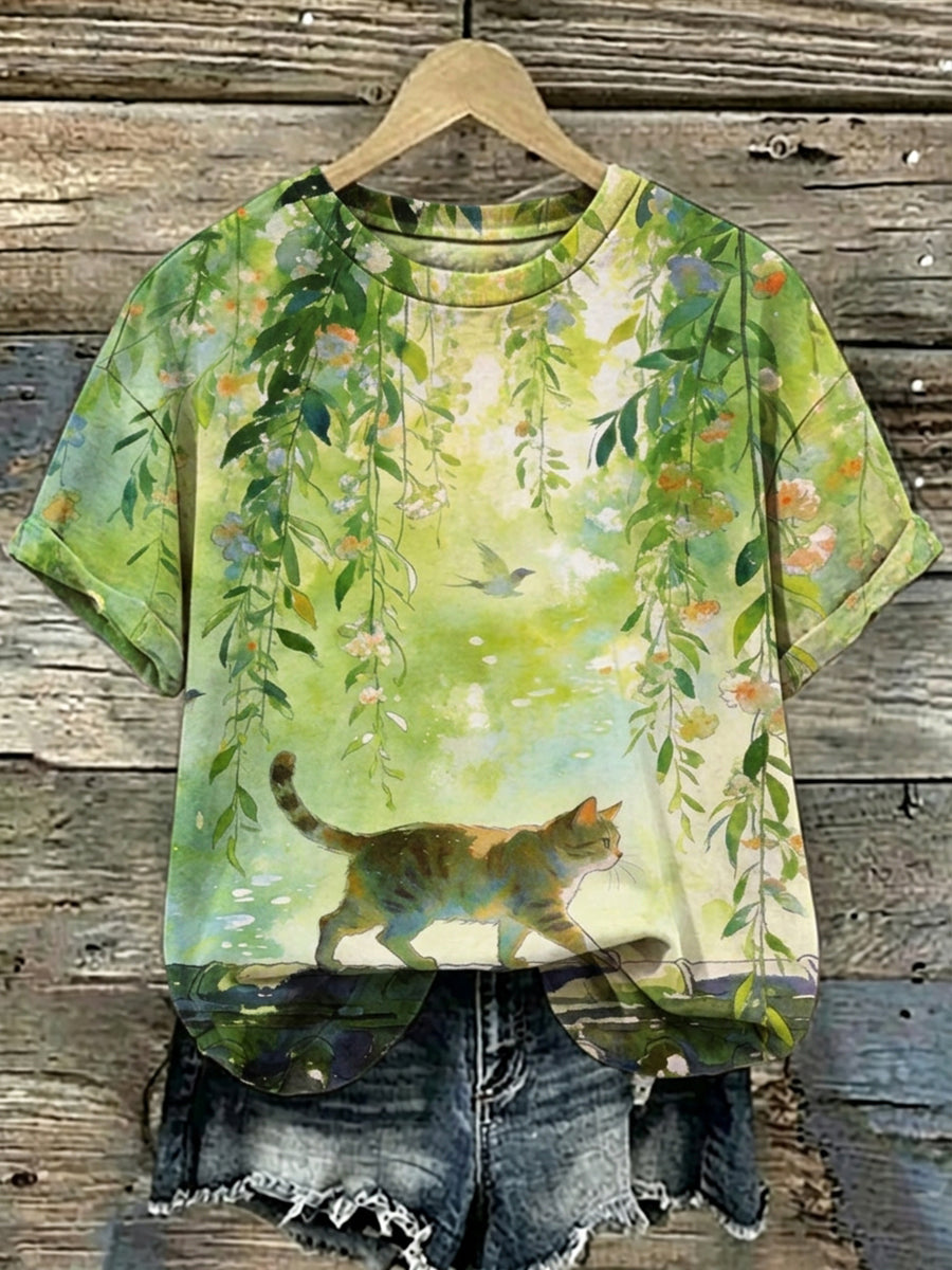 Women's Cat Art Print Short Sleeves T-shirt
