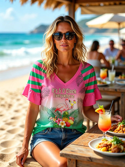 “It's 5 O'Clock Everywhere” Hawaiian Gradient V-Neck T-Shirt