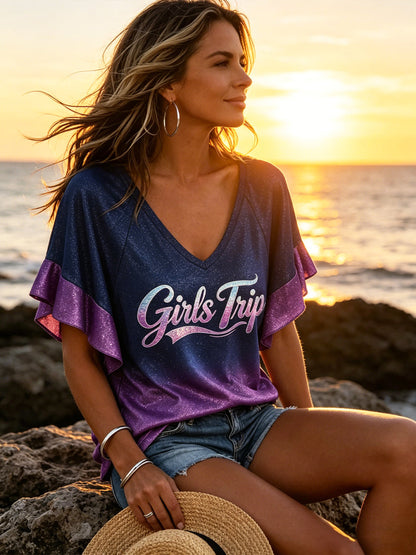 Girls Trip Hawaii Vacation Gradient V-Neck T-Shirt
