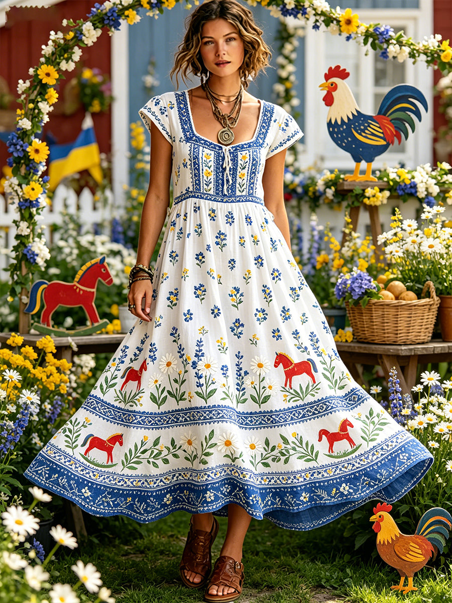 Women's Midsummer Floral Print Pastoral Style Dress