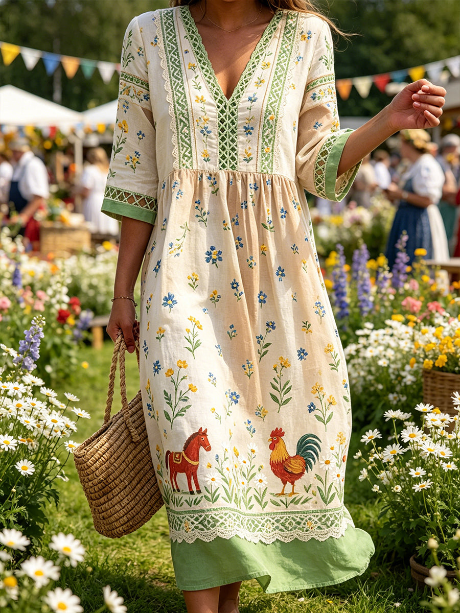Women's Midsummer-Style V-Neck Dress With Ethnic Print