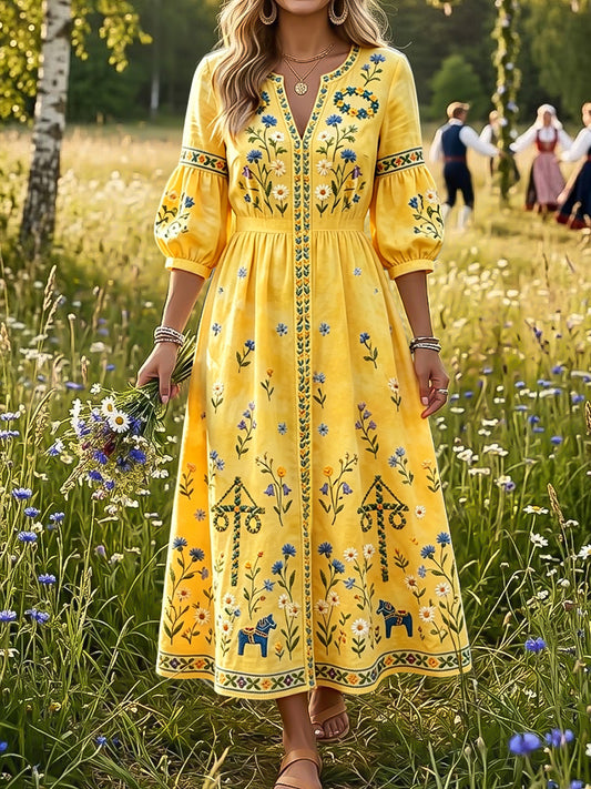 Women's Vintage Swedish Midsummer Floral Carousel Art V-Neck Dress