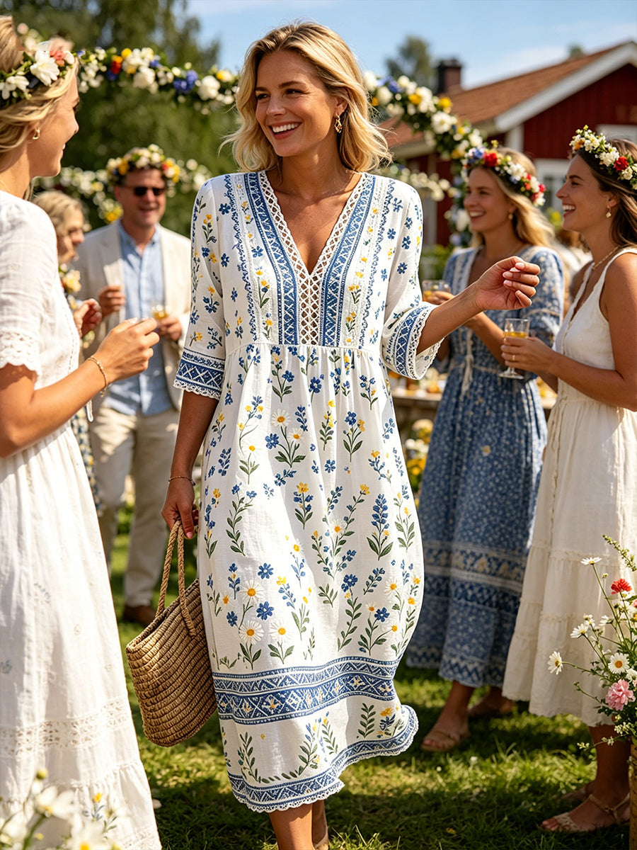 Women's Midsummer-Style V-Neck Dress With Ethnic Print