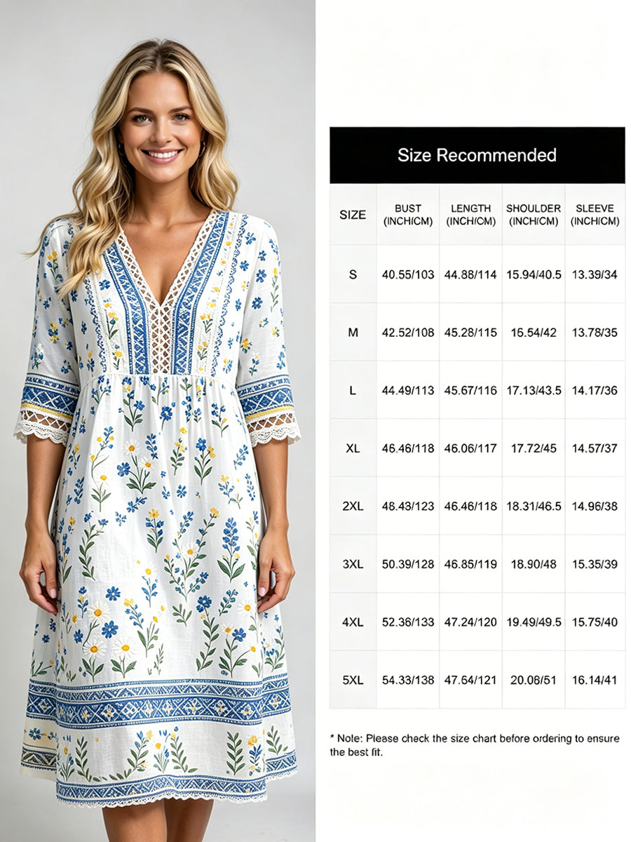 Women's Midsummer-Style V-Neck Dress With Ethnic Print