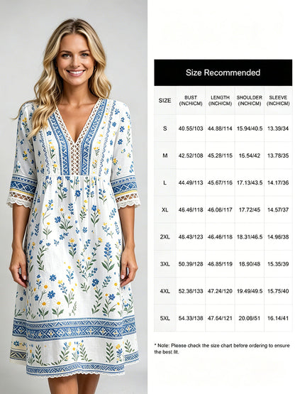 Women's Midsummer-Style V-Neck Dress With Ethnic Print