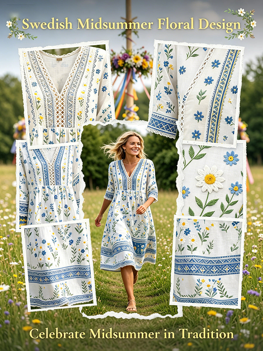 Women's Midsummer-Style V-Neck Dress With Ethnic Print