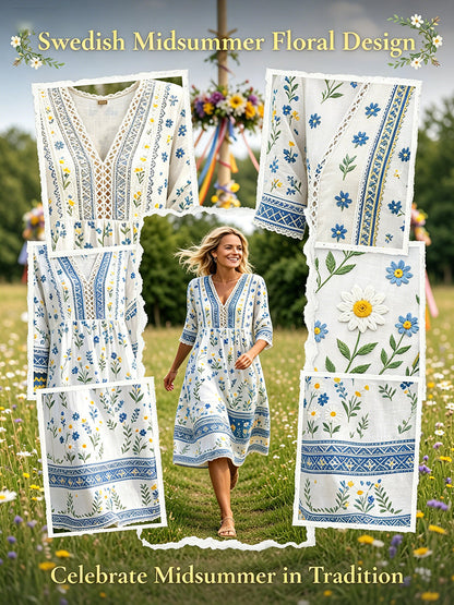 Women's Midsummer-Style V-Neck Dress With Ethnic Print