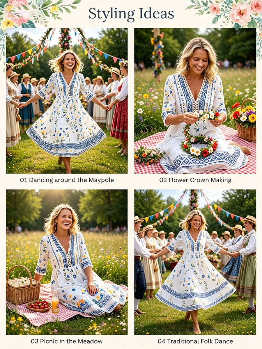 Women's Midsummer-Style V-Neck Dress With Ethnic Print