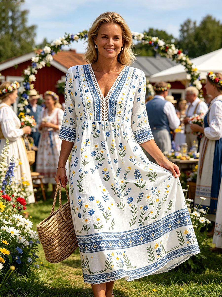 Women's Midsummer-Style V-Neck Dress With Ethnic Print