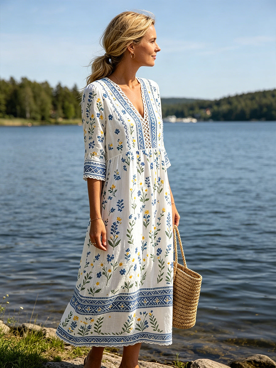Women's Midsummer-Style V-Neck Dress With Ethnic Print