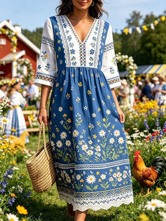 Women's Midsummer-Style V-Neck Dress With Ethnic Print