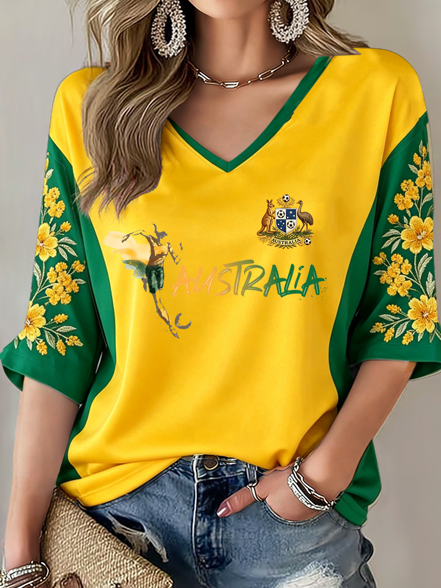 Women's Australian Football lover Printed Mid-length Sleeves V-Neck T-Shirt