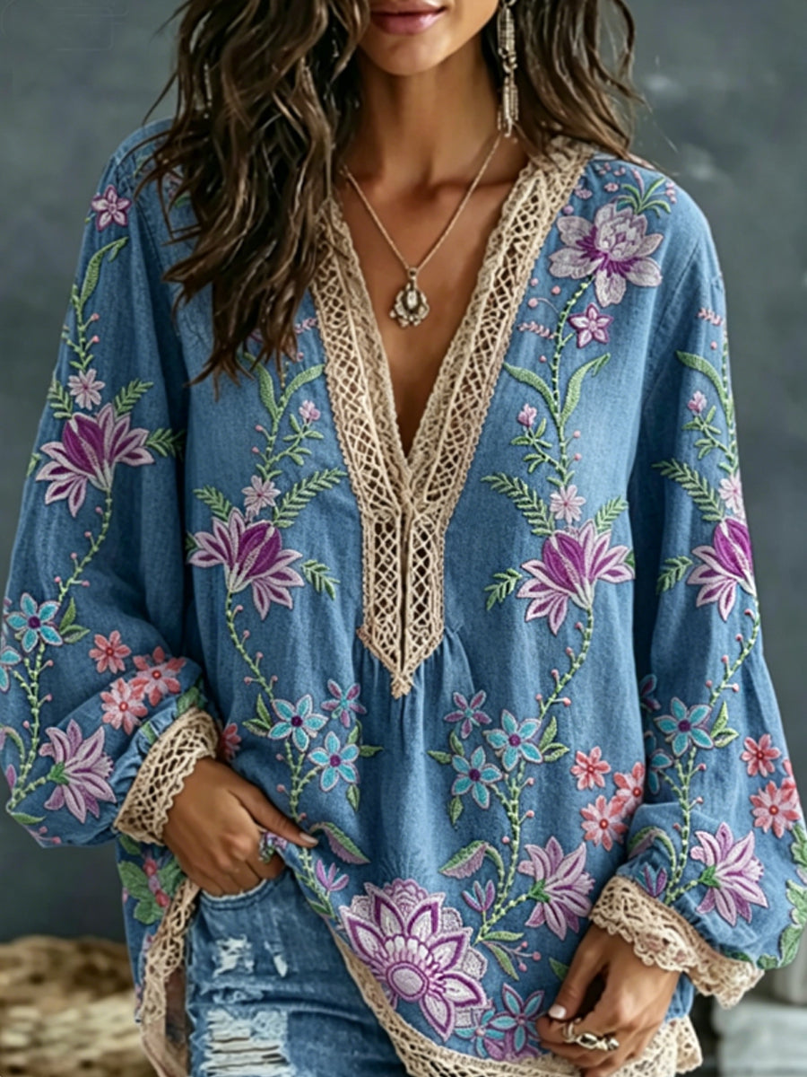 Women's Bohemian Floral Embroidery Art Contrast Color Linen Blend V-Neck Long Sleeve Shirt