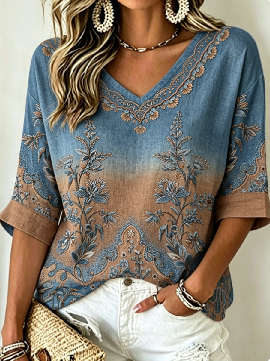 Women's Vintage Bohemian Embroidered Floral V-Neck Cotton-Linen Top