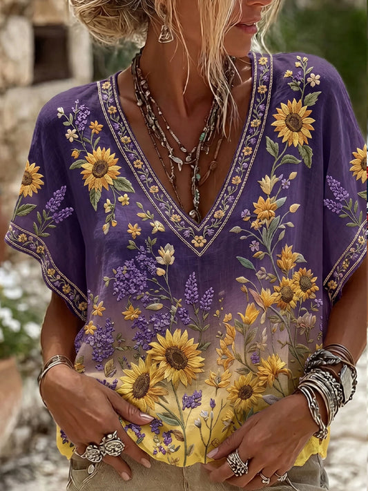 Women's Vintage Floral Art Print Casual Cotton-Linen Top
