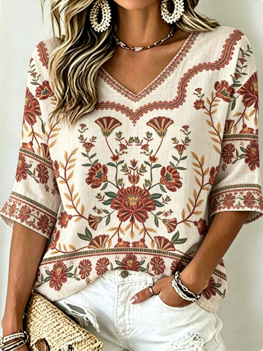 Women's Vintage Bohemian Embroidered Floral V-Neck Cotton-Linen Top