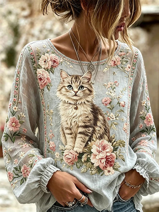 Women's Cat Embroidered Print Shirt