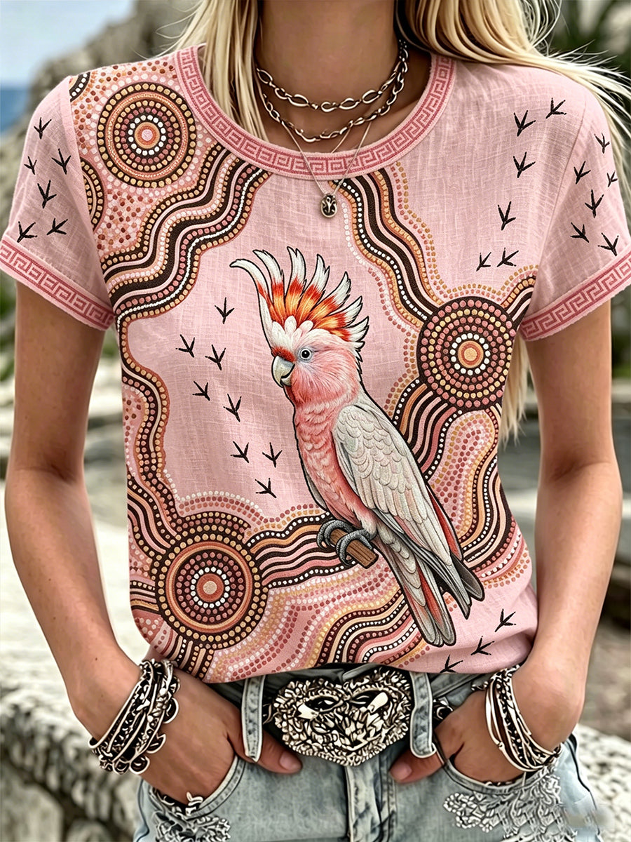 Women's Australia Cockatoo Aboriginal Art Linen  Short Sleeves Top