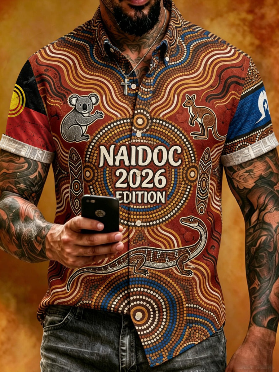 Retro Australian Art Print Casual Cotton-Linen Shirt