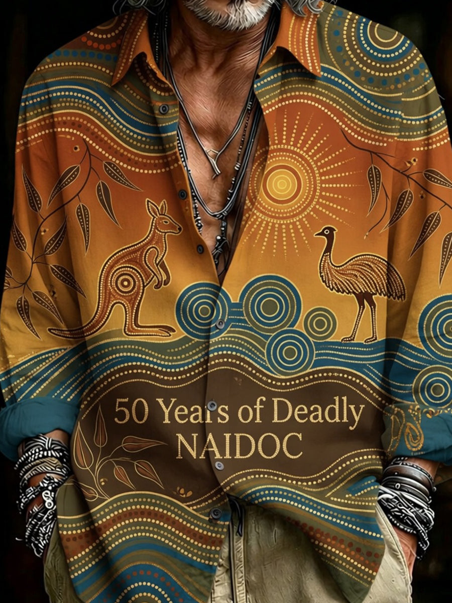 Retro Australian Art Print Casual Cotton-Linen Shirt