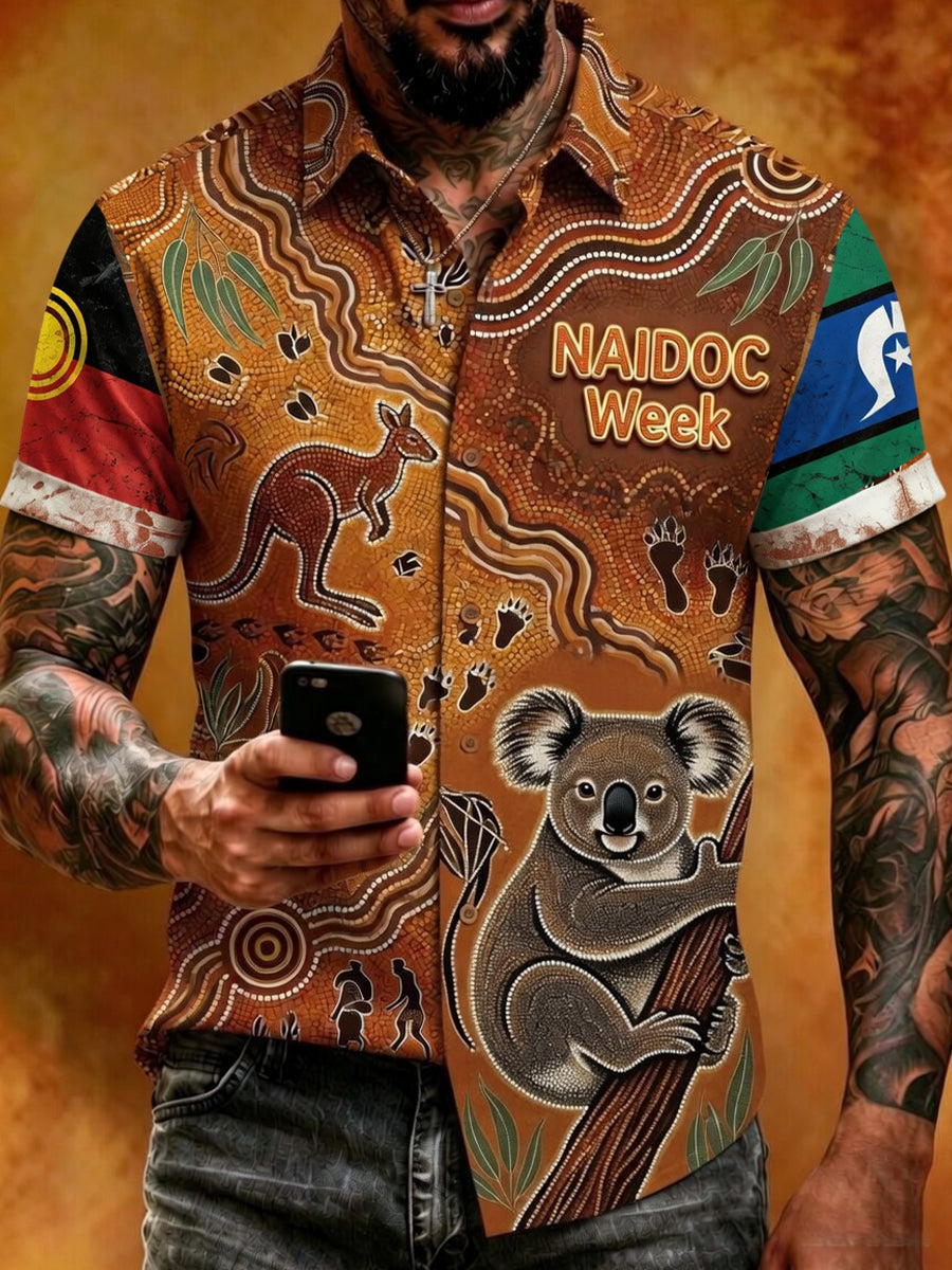 Retro Australian Art Print Casual Cotton-Linen Shirt