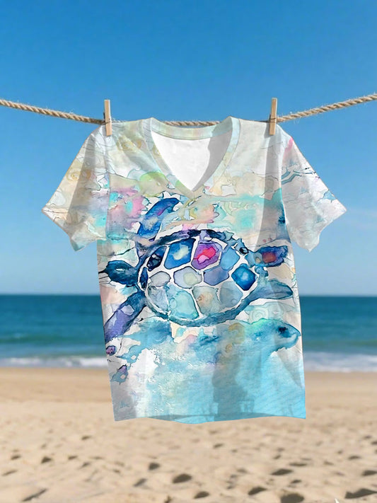 Women's Sea Turtle World Ocean Day Printed V-neck T-shirt