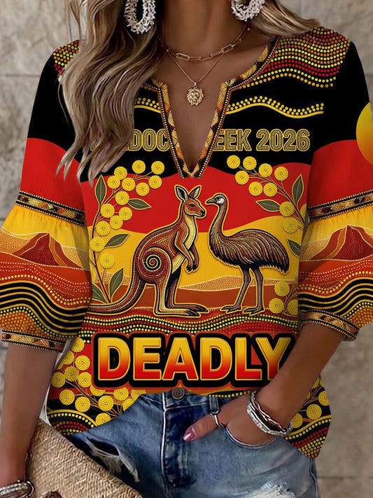 Women's Vintage Australian Art Print Casual Top