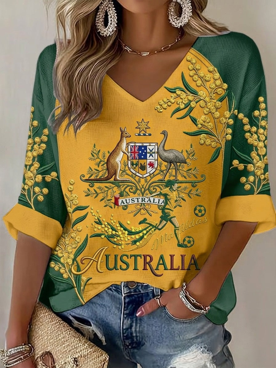 Women's Australian Football lover Printed Mid-length Sleeves V-Neck T-Shirt