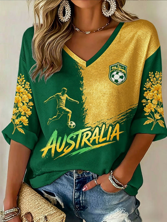 Women's Australian Football lover Printed Mid-length Sleeves V-Neck T-Shirt