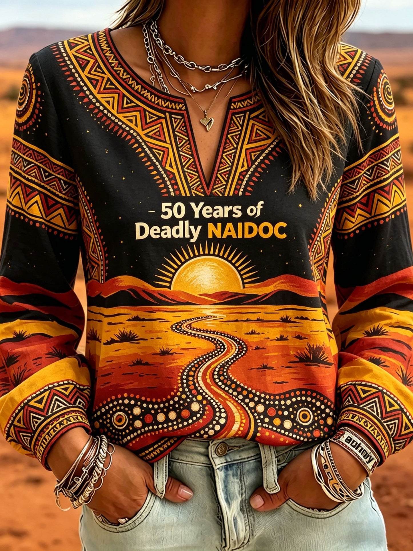 Women's Retro Australian NAIDOC Week Art Printed Cotton-Linen Blouse