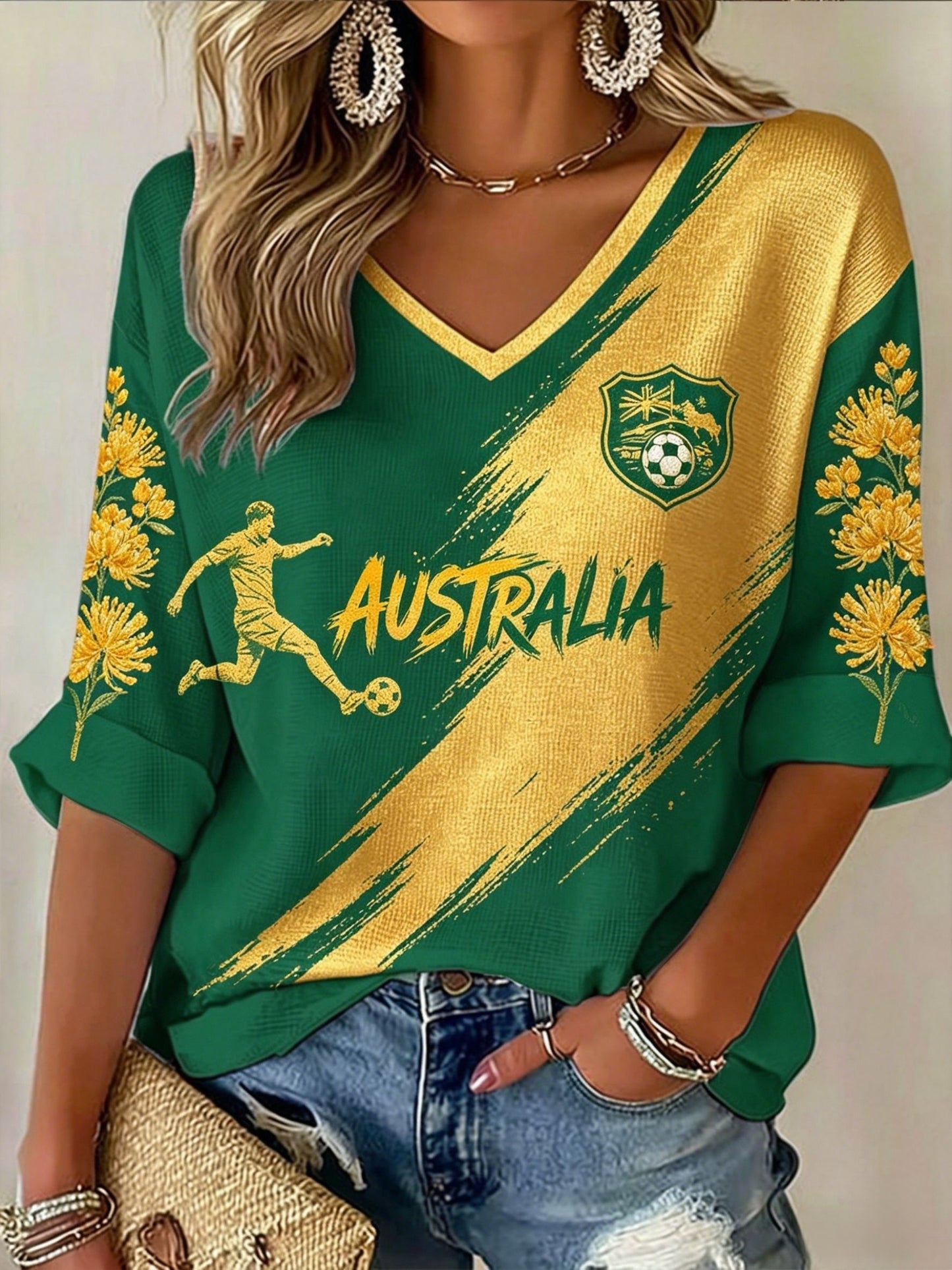 Women's Australia Football Lover Art Printed V-Neck T-Shirt