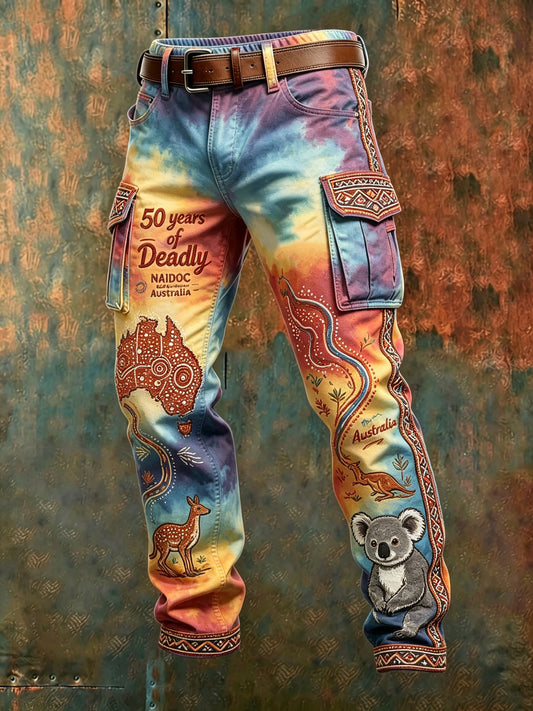 Men's Retro Australian Art Print Vintage Business Casual Work Pants
