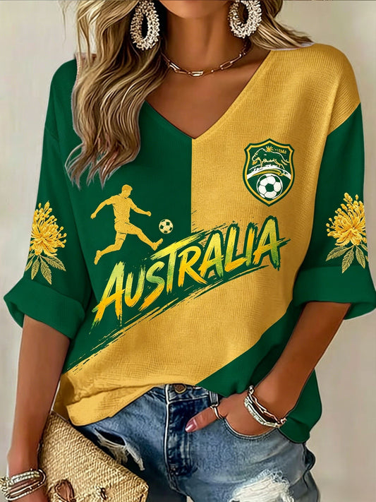 Women's Australia Football Lover Art Printed V-Neck T-Shirt