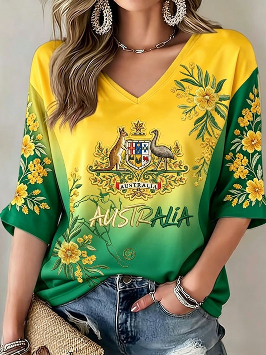 Women's Australia Football Lover Art Printed V-Neck T-Shirt