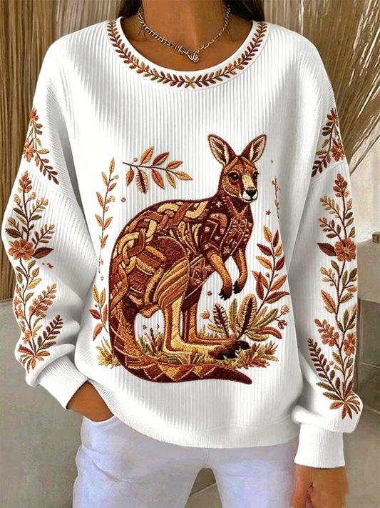 Women's Australian kangaroo Print Ribbed Round-Neck Sweatshirt