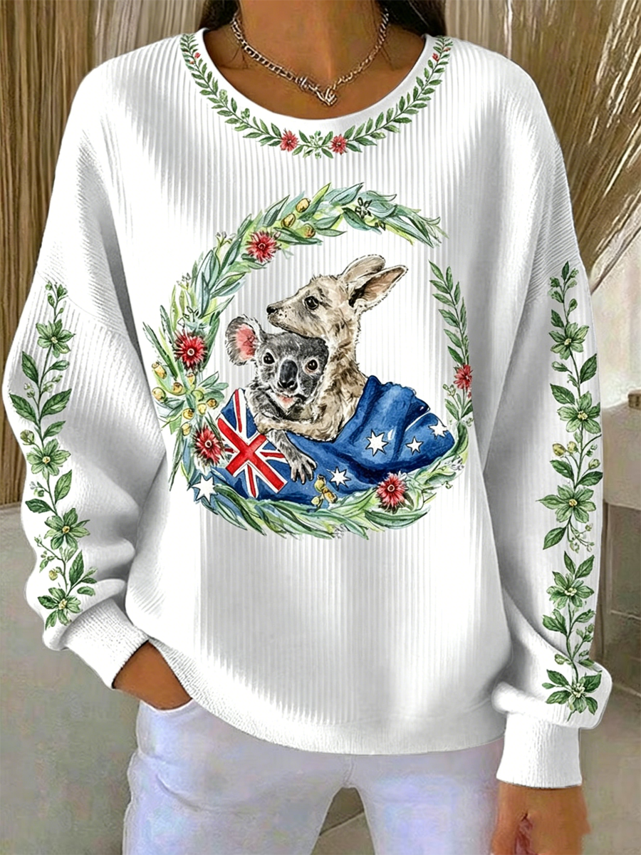 Women's Australian Koala kangaroo Print Ribbed Round-Neck Sweatshirt